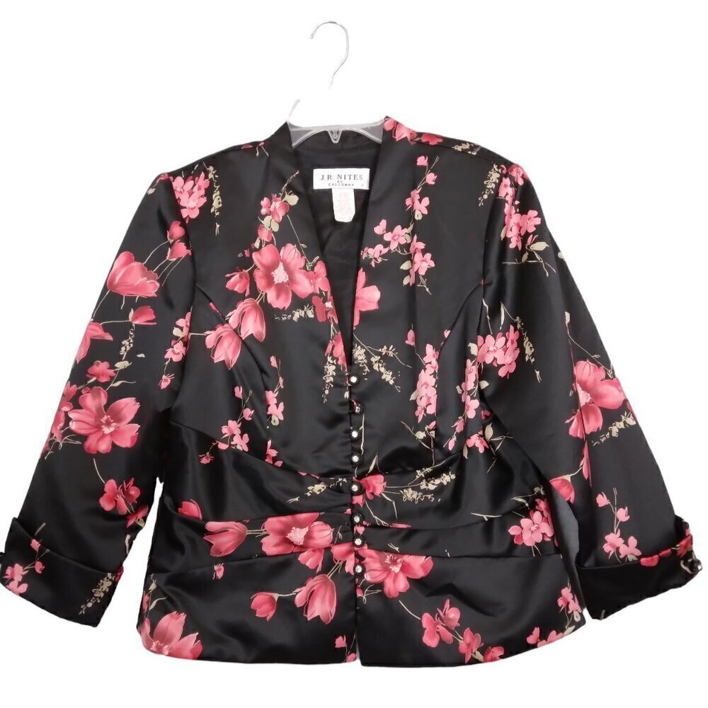 Vintage JR Nites | Dark Floral Satin Jacket Top Black Red | Size 16